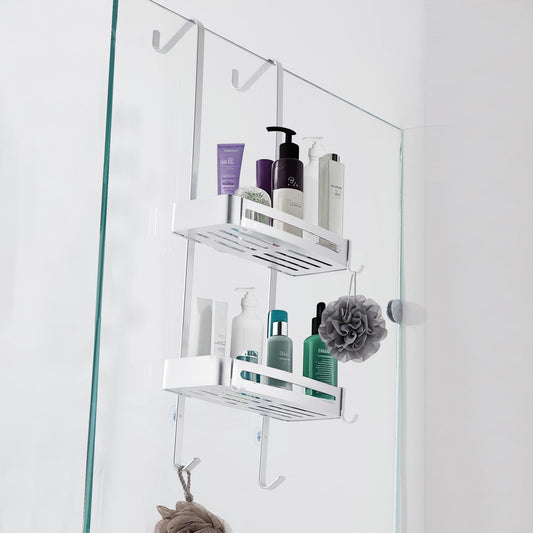 9SHOME Aluminum Over The Door Shower Caddy, Shower Caddy Hanging, No Drill Adjustable Hanging Shower Organizer with 8 Hooks, Rustproof, Bathroom Storage Rack for Shampoo, Towels, and Essentials