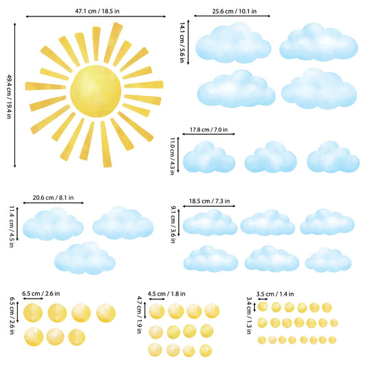 DECOWALL DS12-8079 78pcs Sun Clouds Polka dot Wall Stickers Decals Art Baby Bedroom Classroom décor Living Kids Home Nursery playroom Removable Sunshine Vinyl DIY