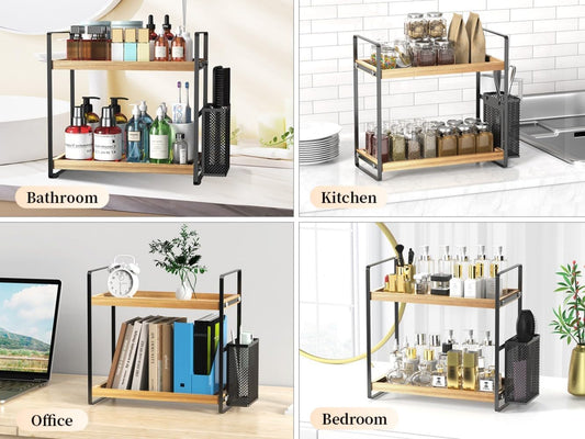 Harnidipa 2-Tier Bathroom Organiser Rack with Basket for Combs, Toothpaste, and Other Small Items, Suitable for Bathrooms, Dressing Tables, and Perfume Storage (Wood Color)