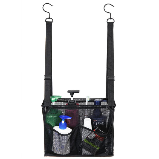 Hanging Mesh Shower Caddy College with Hooks, Bath Baskets Organizer Storage with 4 Pockets for College Dorm Rooms, Gym, Swimming and Travel (Black)