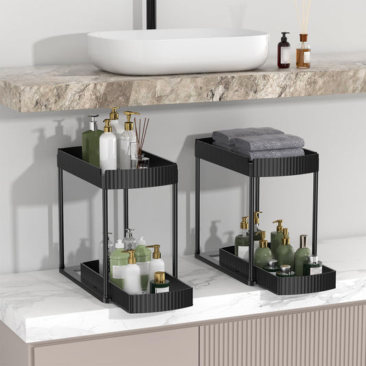 Under Sink Organizer Storage 2 Packs, 2-Tier Shelf with 4 Hanging Hooks, Under Slid Cabinet Basket Rack for Bathroom Kitchen