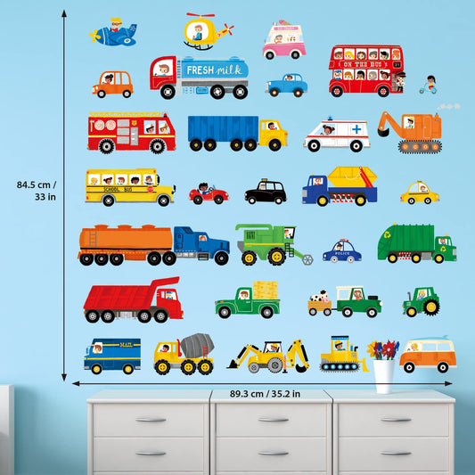 DECOWALL DS9-8064 Transport and Vehicles Wall Stickers Decals for Kids Toddler Bedroom Decor car Boys Truck Construction Room Peel and Stick Excavator fire Truck Nursery Living Baby Gift