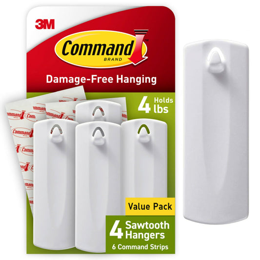 Command Sawtooth Picture Hangers, Damage Free Hanging Frame Hangers, No Tools Wall Hooks for Hanging Sawtooth Frames in Living Spaces, 4 White Picture Frame Hangers and 8 Command Strips