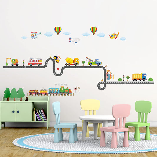DECOWALL SG-2107 Construction Transportation on The Road Wall Stickers Wall Decals Peel and Stick Removable Wall Stickers for Kids Nursery Bedroom Living Room