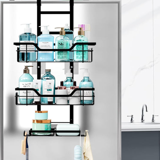 3 Tier Over The Door Shower Caddy Hanging Shower Shelf with Soap Holder, Bathroom Hanging Shower Caddy Over The Door Hanging Shower Basket with 4 Hooks, Toiletries Organizer for Bathroom Storage