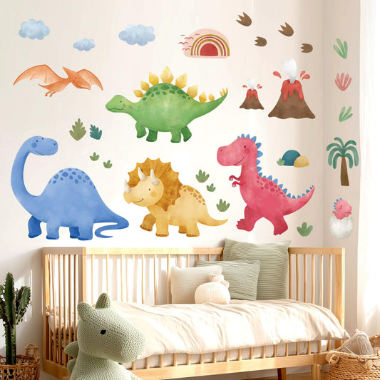 DECOWALL SG2-2409 Watercolor Dinosaurs Wall Stickers Animals Nursery Decals Kids Baby Dino Boy Playroom Bedroom Tropical Plants Peel and Stick Removable Living Room Art murals Decorations