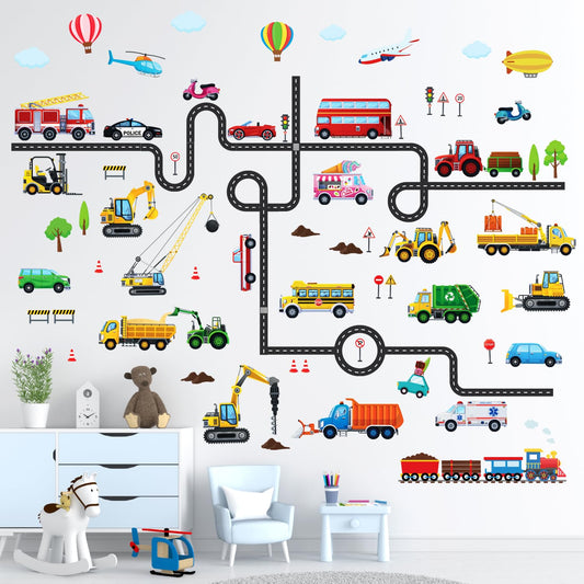 DECOWALL Transport Road Map Wall Decals – Construction Trucks & Emergency Vehicles Stickers for Kids’ Bedroom & Playroom Décor (DS9-8090)