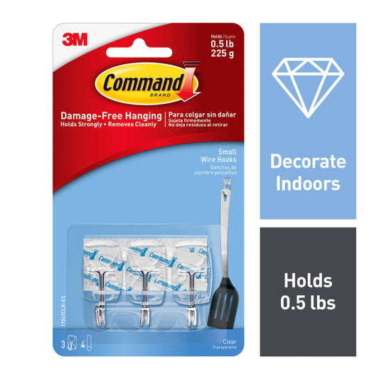 Command Small Clear Utensil Hooks with Clear Strips, 3 Hooks, 4 Strips/Pack