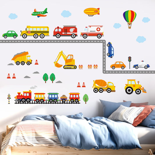 DECOWALL DS-8047 Transports Wall Decals Stickers Kids Peel and Stick Removable Nursery Bedroom Living Construction Boys Childrens Toddler car décor playroom playroom Vehicles Truck City Road Baby
