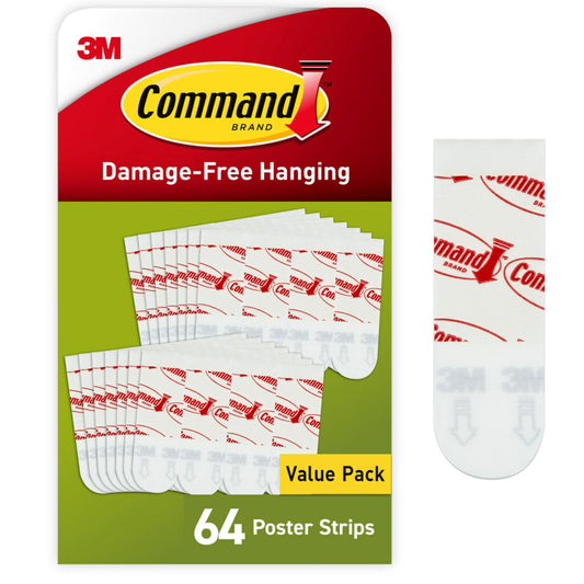 Command Poster Strips, Damage Free Hanging Poster Hangers, No Tools Wall Hanging Strips for Posters, 64 White Command Adhesive Strips