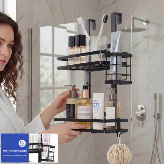 Over the Door Shower Caddy Hanging, Rustproof Shower Shelves with Waterproof Phone Pouch, 2-Tier Adjustable Bathroom Organizers and Storage, No Drilling Shower Shelf, Black Shampoo Soap Holder