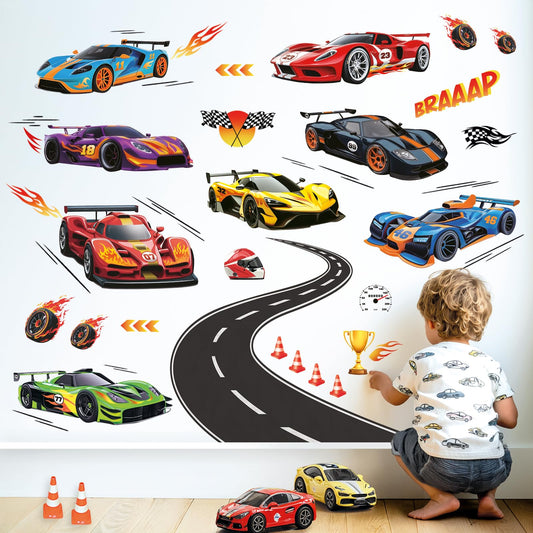 DECOWALL Race Car Wall Stickers – Large Racing Track & Sports Cars Peel & Stick Removable Decals for Kids Bedroom, Boys Room & Playroom Decor (SG2-2517)